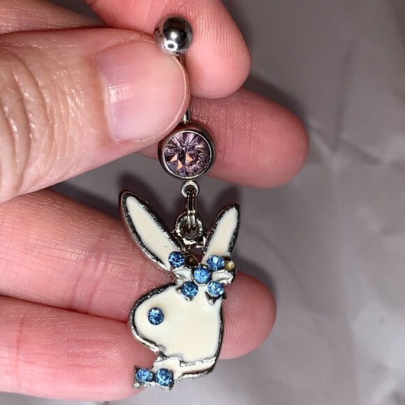 Pink and Blue Play boy-looking Bunny Dangle Belly Ring - Picture 4 of 16